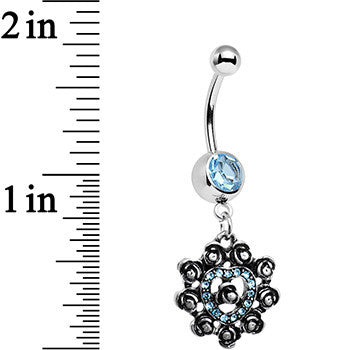 Aqua Gem Rose Ring Flower Heart Dangle Belly Ring