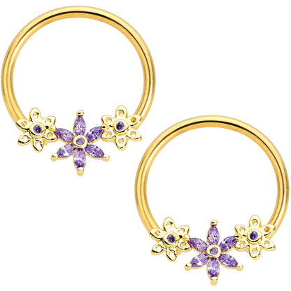 14G 5/8 Purple CZ Gold Anodized Daisy Flower BCR Nipple Ring Set