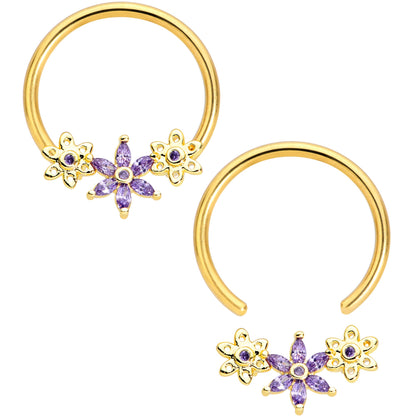 14G 5/8 Purple CZ Gold Anodized Daisy Flower BCR Nipple Ring Set