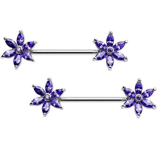 14G 5/8 Purple CZ Pimpernel Flower Ends Nipple Barbell Set