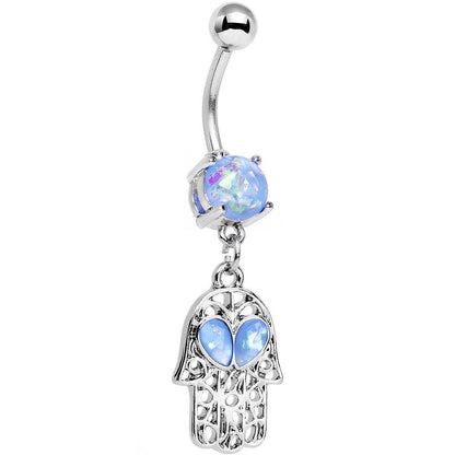 Light Blue Faux Opal Hamsa Hand and Heart Dangle Belly Ring