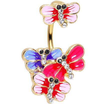 Clear Black Gem Gold PVD Multicolor Dragonfly Double Mount Belly Ring