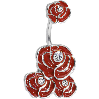 Clear Gem Red Rose Flower Double Mount Belly Ring