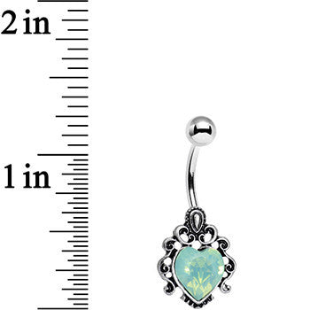 Light Green Faux Opal Heart Lovely Filigree Belly Ring
