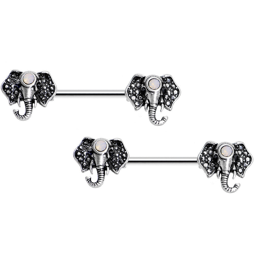 14G 9/16 White Faux Opal Elegant Elephant Nipple Ring Set