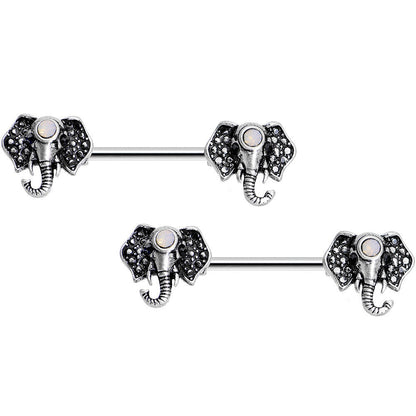 14G 9/16 White Faux Opal Elegant Elephant Nipple Ring Set