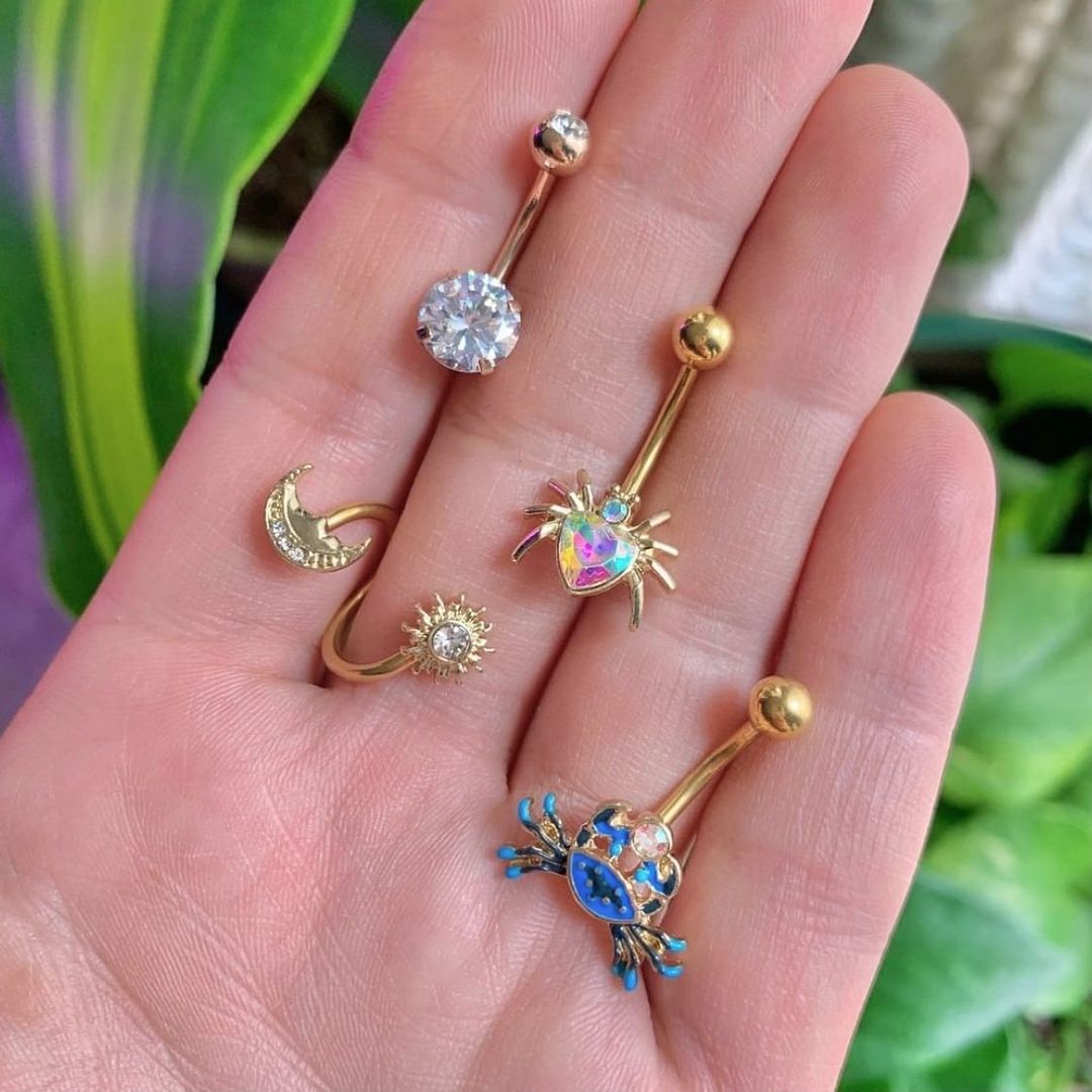 14G 7/16 Clear Gem Gold Tone Moon Spiral Twister Belly Ring