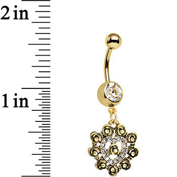 Clear Gem Rose Gold Anodized Rose Flower Frame Heart Dangle Belly Ring
