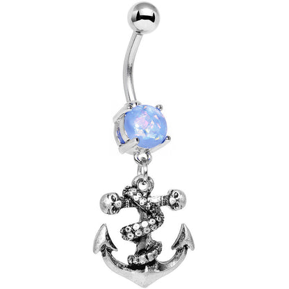 Light Blue Faux Opal Pirate Skull Nautical Anchor Dangle Belly Ring