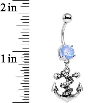 Light Blue Faux Opal Pirate Skull Nautical Anchor Dangle Belly Ring