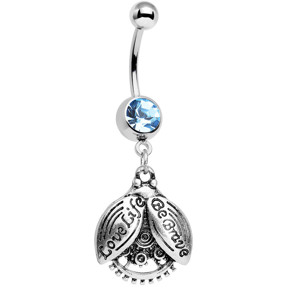 Aqua Gem Love Life Be Brave Leaf Steampunk Gears Dangle Belly Ring