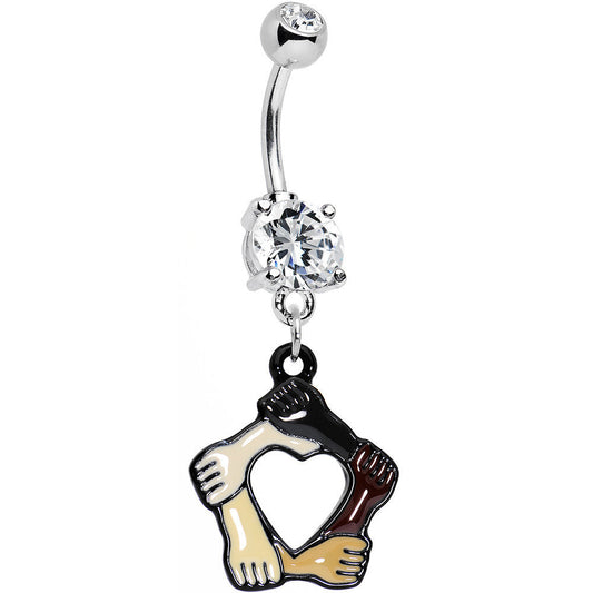 Clear Gem Coexist No Boundaries Linking Arms Heart Dangle Belly Ring