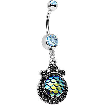 Aqua Gem Iridescent Blue Green Mermaid Scales Dangle Belly Ring