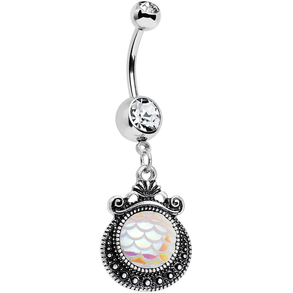 Clear Gem Iridescent White Mermaid Scales Dangle Belly Ring