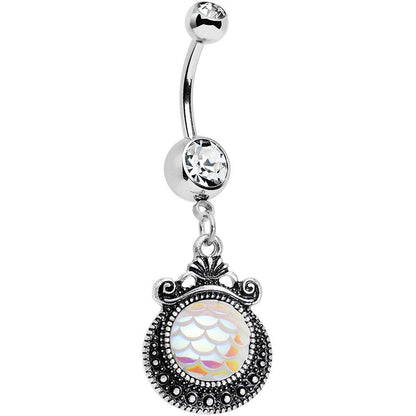 Clear Gem Iridescent White Mermaid Scales Dangle Belly Ring