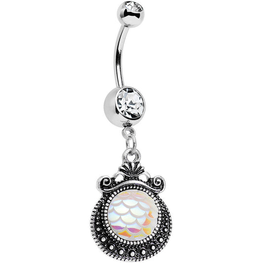 Clear Gem Iridescent White Mermaid Scales Dangle Belly Ring