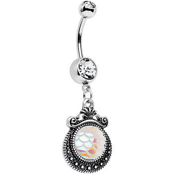 Clear Gem Iridescent White Mermaid Scales Dangle Belly Ring