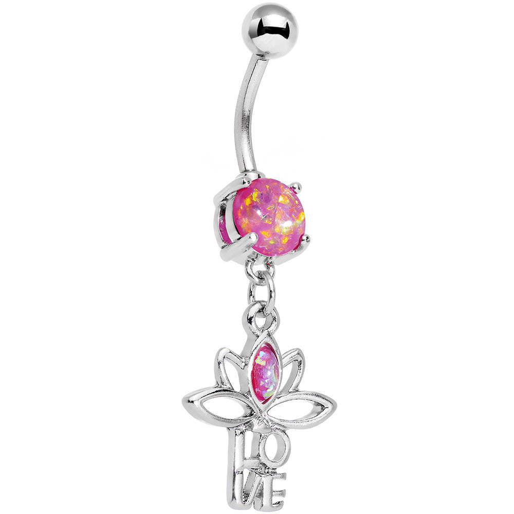 Pink Faux Opal Framework Love Lotus Flower Dangle Belly Ring