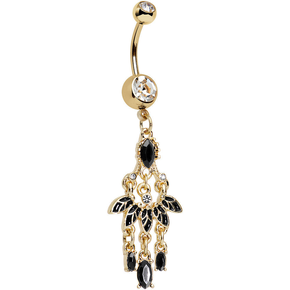 Clear Gem Gold Anodized Black Fan Chandelier Dangle Belly Ring