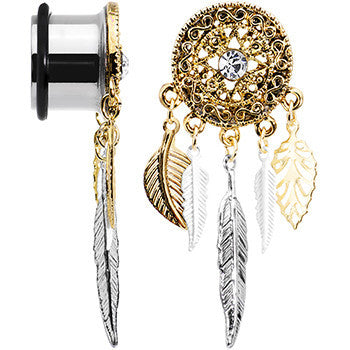 9/16 Clear Gem Ornate Gold Disc Leaf Feather Dangle Plug Set
