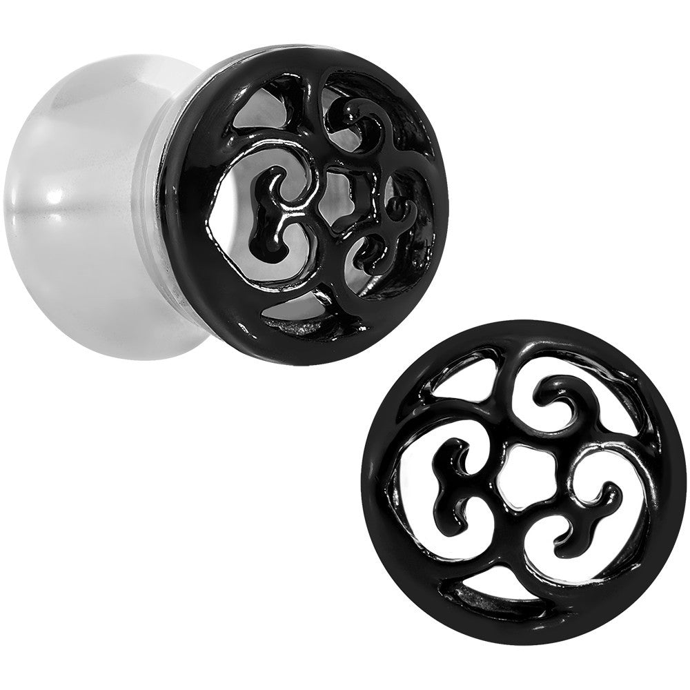0G Steel Black Filigree Duet Heart Saddle Plug Set