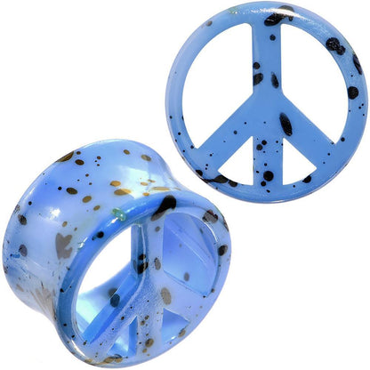 Black Speckled Blue Acrylic Peace Sign Saddle Plug Set Available in Sizes 00G to 20mm