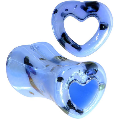 Black Speckled Blue Acrylic Heart Saddle Plug Set Available in Sizes 6G to 20mm