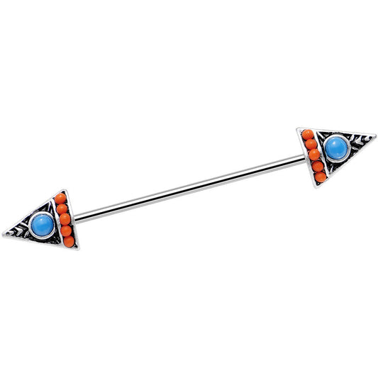 14G Blue Orange Artistic Deco Arrowhead Industrial Barbell 38mm