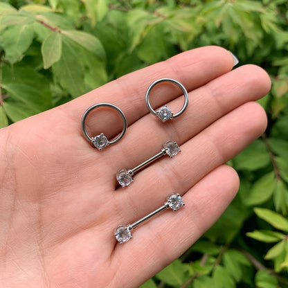 14G 9/16 Clear Gem BCR Captive Ring Barbell Nipple Ring Set