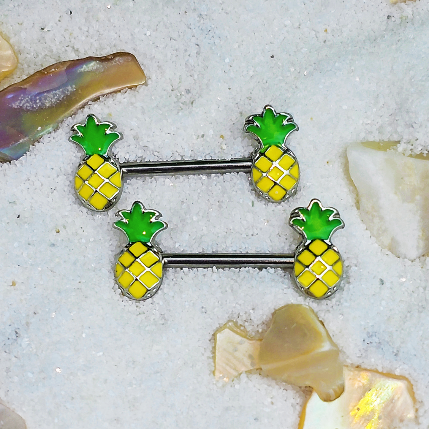 14G 1/2 Steel Yellow Green Pineapple Barbell Nipple Ring Set