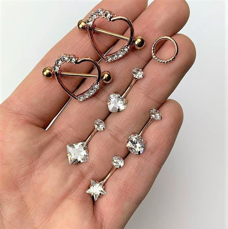 Clear Gem Round Rhombus Heart Star Belly Ring Set of 4