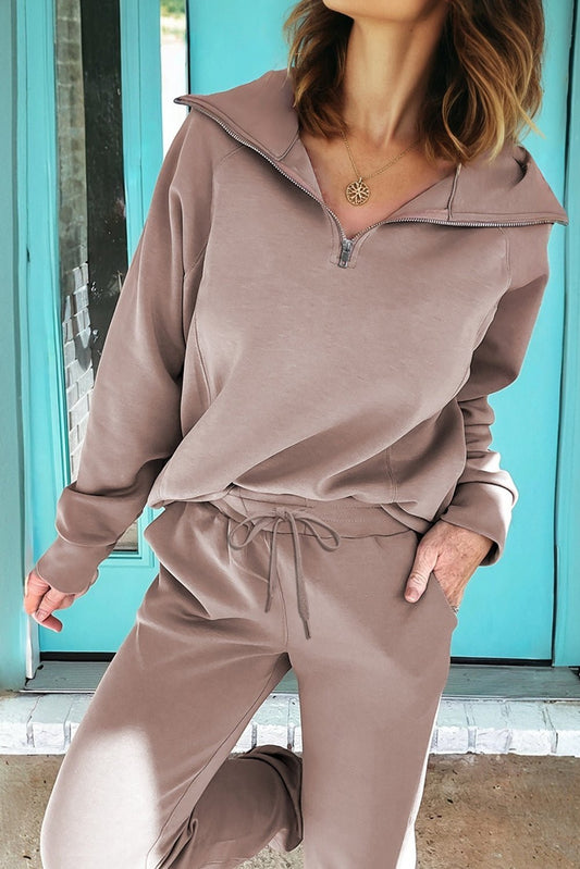 Goat Zip Collar Long Sleeve Top Drawstring Pants Set - Jaico Online Shop