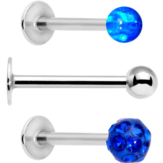 16G 3/8 Blue Faux Opal Ball Labret Monroe Tragus 3 Pack Set