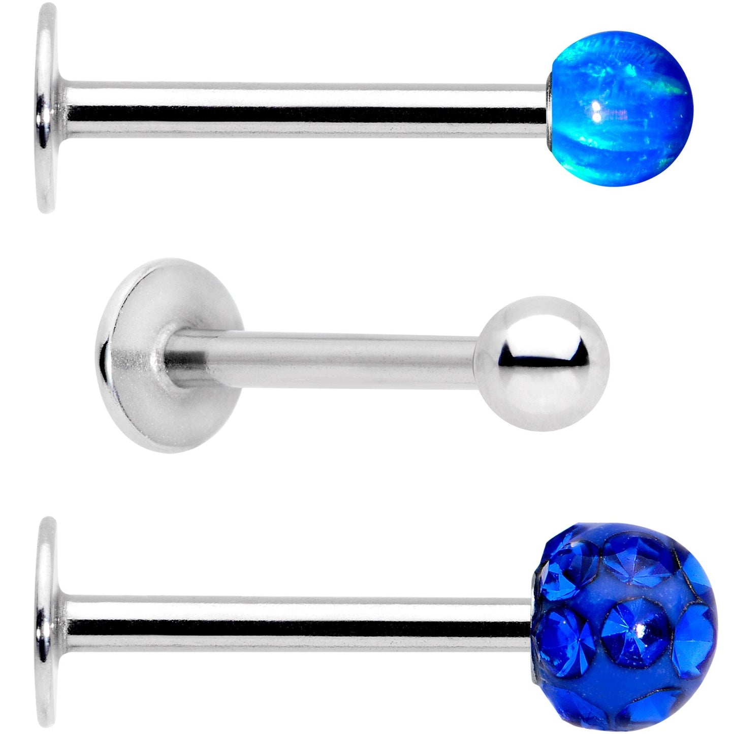 16G 3/8 Blue Faux Opal Ball Labret Monroe Tragus 3 Pack Set