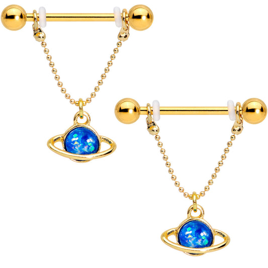 Blue Faux Opal Gold PVD Rings of Saturn Dangle Barbell Nipple Ring Set