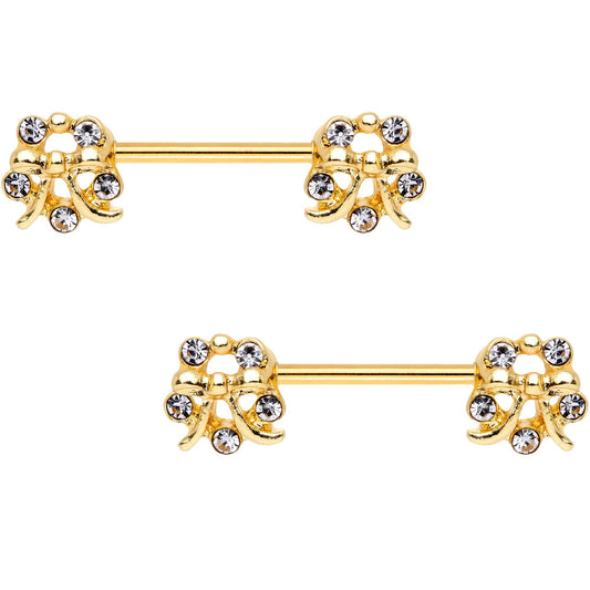 9/16 Clear Gem Gold PVD Halo Pretty Bow Barbell Nipple Ring Set