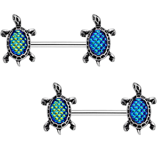9/16 Green Blue Mermaid Scale Swimming Turtle Barbell Nipple Ring Set