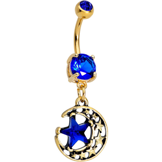 Blue Gem Gold PVD Moonsense Star Dangle Belly Ring