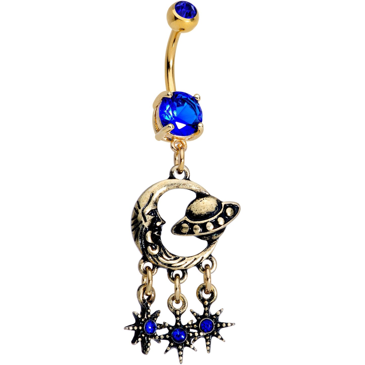 Blue CZ Gem Gold PVD UFO Dreamcatcher Dangle Belly Ring