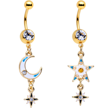 Clear Gem Gold PVD White Moon Star Dangle Belly Ring Set of 2