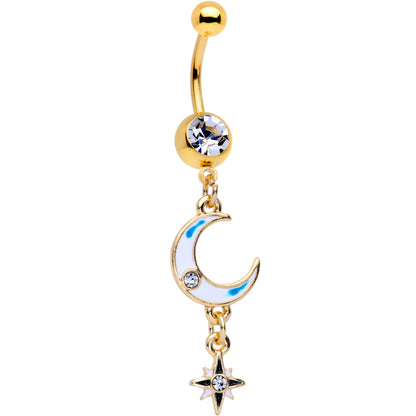 Clear Gem Gold PVD White Moon Star Dangle Belly Ring Set of 2