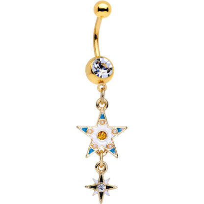 Clear Gem Gold PVD White Moon Star Dangle Belly Ring Set of 2