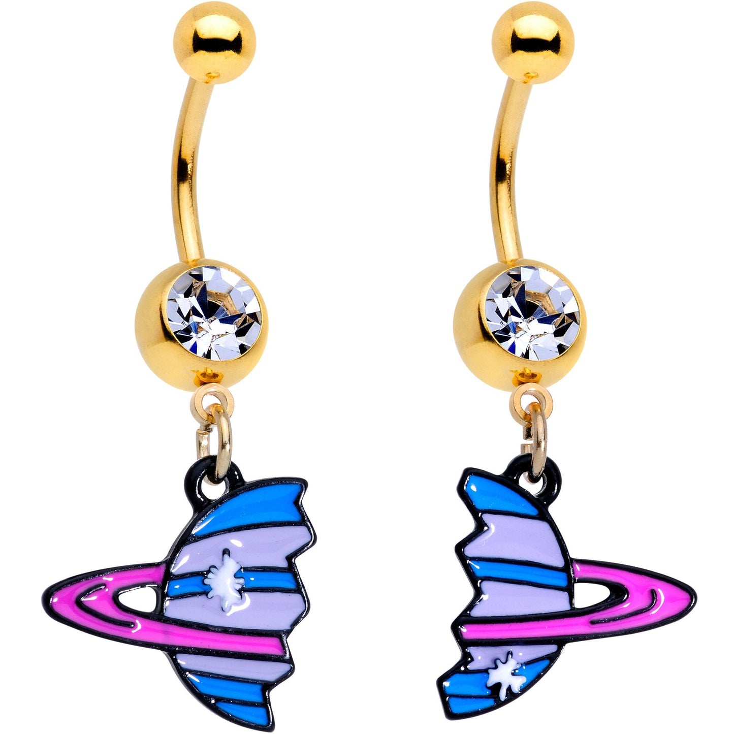 Clear Gem Gold PVD BFF Planet Best Friend Dangle Belly Ring Set of 2