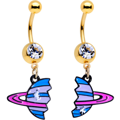 Clear Gem Gold PVD BFF Planet Best Friend Dangle Belly Ring Set of 2