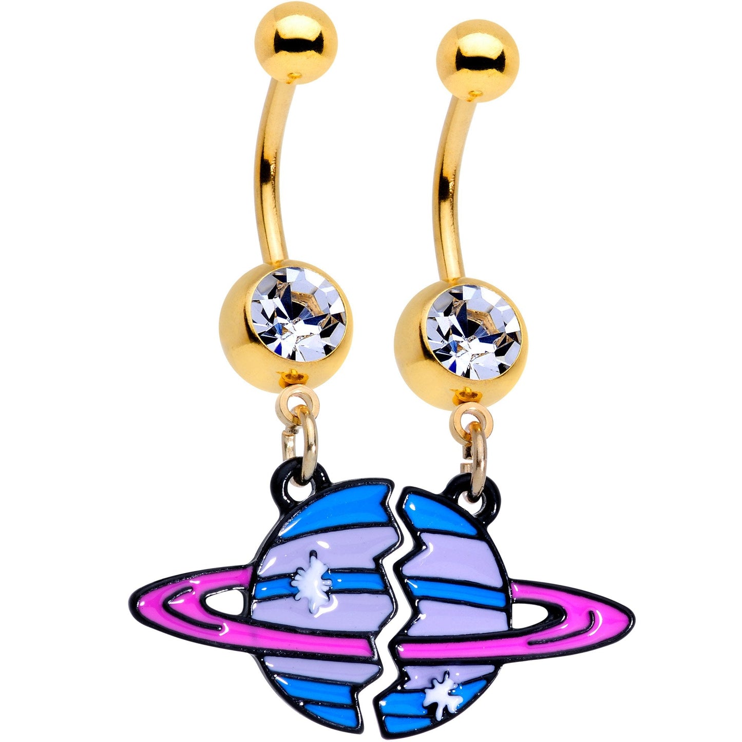Clear Gem Gold PVD BFF Planet Best Friend Dangle Belly Ring Set of 2