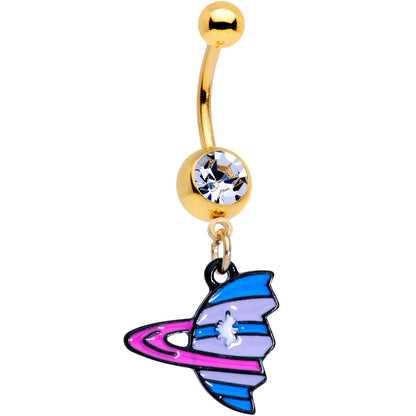 Clear Gem Gold PVD BFF Planet Best Friend Dangle Belly Ring Set of 2