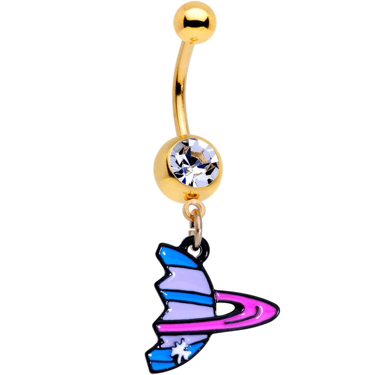 Clear Gem Gold PVD BFF Planet Best Friend Dangle Belly Ring Set of 2