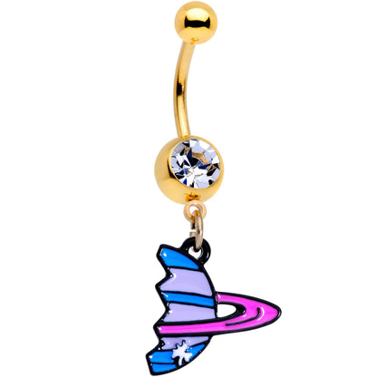 Clear Gem Gold PVD BFF Planet Best Friend Dangle Belly Ring Set of 2