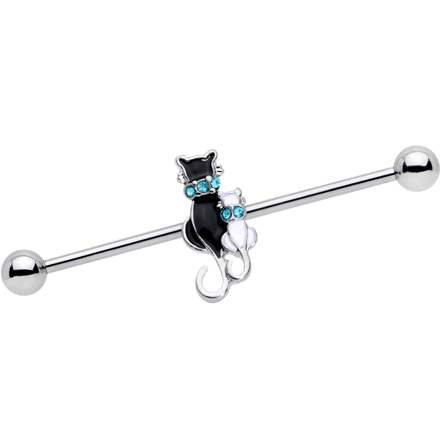 14G Aqua Gem Black and White Cat Family Industrial Barbell 38mm