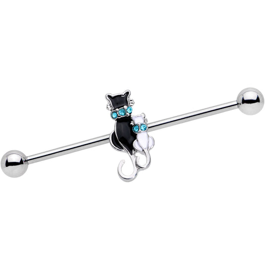 14G Aqua Gem Black and White Cat Family Industrial Barbell 38mm